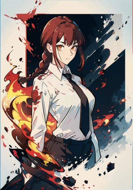 This image is an illustration of a young woman with long brown hair, red eyes, and a serious expression on her face. She is dressed in a white shirt, black tie, and black pants. Her hair is styled in a long braid that hangs over her shoulder. She is standing in a dynamic pose, with one hand on her hip and the other outstretched. The background is a blur of red and orange colors. The overall tone of the image is one of strength and determination.