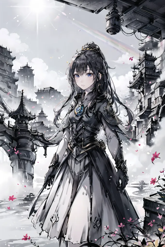 The image is of an anime-style girl with long black hair and blue eyes. She is wearing a black and white dress with a blue gem on her chest. She is standing in a Chinese-style town with a rainbow in the background. The girl is holding a sword in her right hand. The image is drawn in a realistic style with soft colors.