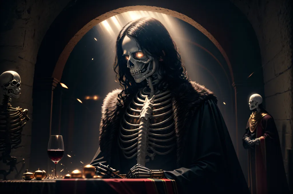 The image is a dark and moody painting of a skeleton sitting at a table. The skeleton is dressed in a black robe with a fur collar, and it has long, flowing hair. Its eyes are glowing orange, and it is surrounded by a dark aura. There is a glass of red wine on the table in front of it, and a skull is sitting on the table to the left of the skeleton. There is another skeleton standing to the right of the skeleton that is holding a tray with a pitcher on it. The background of the painting is a dark stone wall with a large archway.