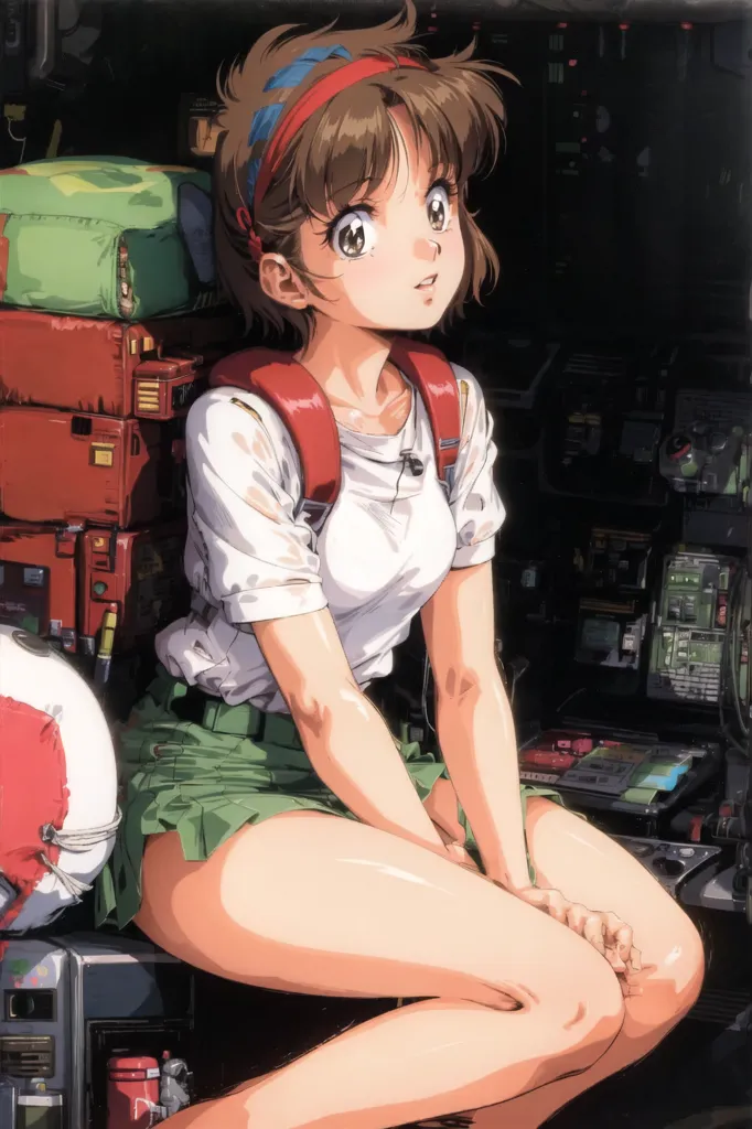 The image is of a young girl with brown hair and brown eyes. She is wearing a white shirt, green shorts, and a red backpack. She is sitting on a pile of luggage in the back of an airplane or spaceship. The girl is looking at the viewer with a curious expression on her face.