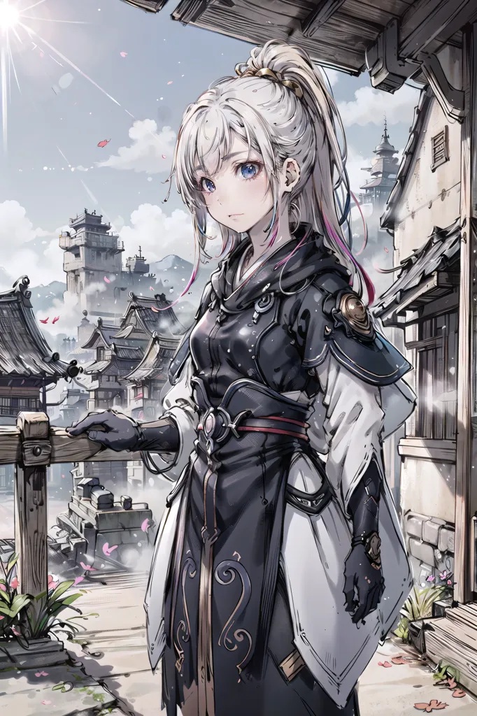 The image is a painting of a young woman in a black and white kimono. She is standing on a bridge in a traditional Japanese town. The woman has long white hair and blue eyes. She is wearing a white and red obi sash and a black haori jacket. She is also wearing a pair of black gloves. The woman is looking at the viewer with a serious expression. The background of the image is a blurred cityscape. There are traditional Japanese houses and a few trees in the background. The image is painted in a realistic style and the colors are vibrant and bright.