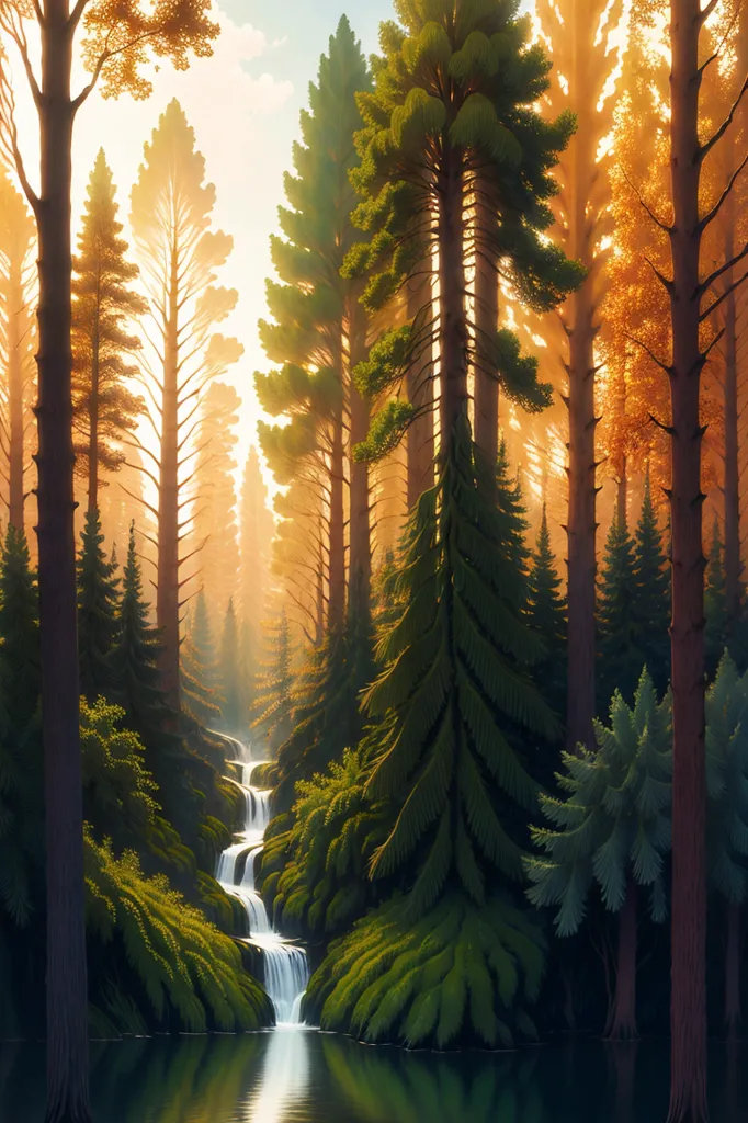 The image is a beautiful landscape painting of a forest. The trees are tall and majestic, and the sunlight is shining through the trees. There is a waterfall in the background, and a river in the foreground. The painting is very peaceful and serene.