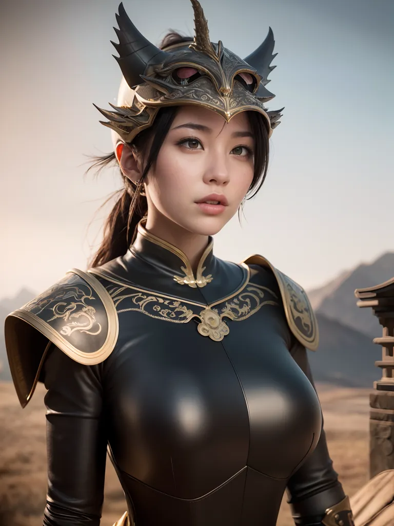 This is an image of a young woman who appears to be a warrior. She is wearing a black and gold armor and a helmet with a dragon design. The armor has intricate detailing and looks like it is made of metal. The woman has long brown hair that is tied up in a ponytail. Her eyes are brown and she has a beauty mark on her left cheek. She is standing in a mountainous landscape and there is a building behind her.