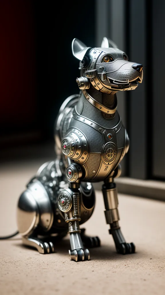 The image is a 3D rendering of a steampunk dog. The dog is sitting on the floor and is made of metal. It has a silver body with copper accents. The dog's eyes are glowing red and it has a small red light on its nose. The dog is wearing a collar with a tag that says \