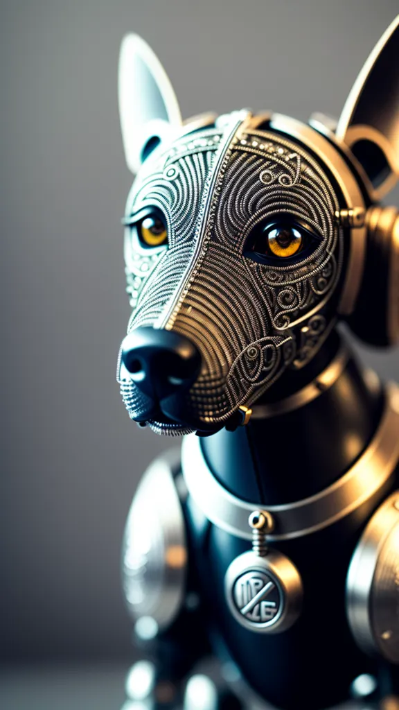 The image shows a black and silver robot dog. The dog has a steampunk aesthetic, with visible gears and wires. The dog is looking to the right of the frame. It has a silver collar with a tag on it. The tag has the letters "MP45" on it. The background is a dark grey.