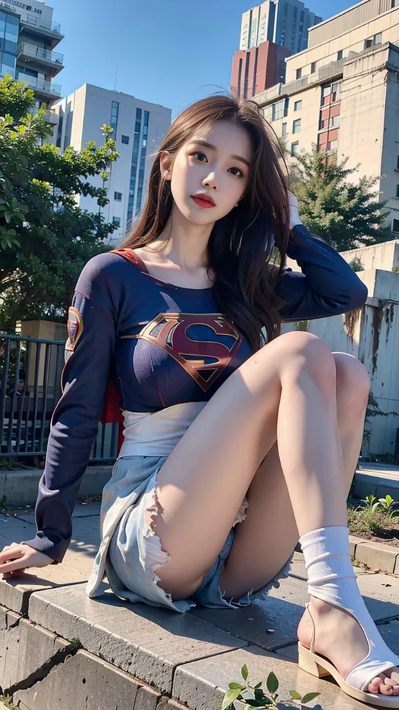 The image shows a young woman dressed in a Supergirl costume. She is sitting on a stone wall in front of a city background. She is wearing a blue and red crop top with the Superman logo on it, a pair of denim shorts, and white socks and sandals. She has long brown hair and blue eyes. She is looking at the camera with a serious expression.