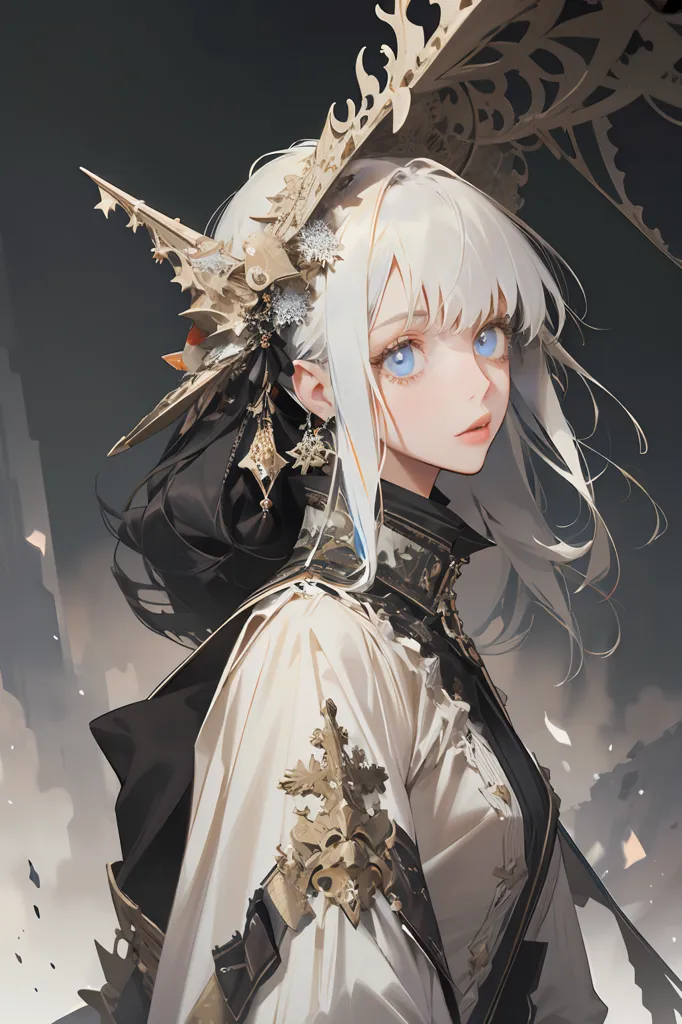 The image is a portrait of a young woman with long white hair and blue eyes. She is wearing a white and gold dress with a black cape. The dress has a high collar and is decorated with gold trim. The cape is lined with fur. The woman's hair is styled in a ponytail and she is wearing a gold crown. She has a serious expression on her face. The background is a dark gray color.