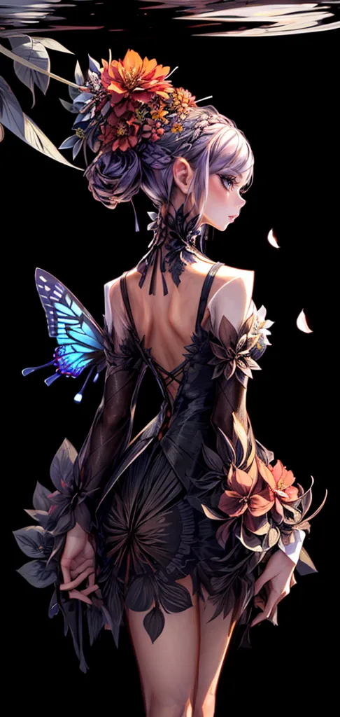 The image is a portrait of a beautiful young woman with long silver hair and purple eyes. She is wearing a black dress with a low back and a high collar. The dress is decorated with intricate floral embroidery and has a butterfly on her right shoulder. The woman is standing in front of a dark background with a single flower on the right side of the image.