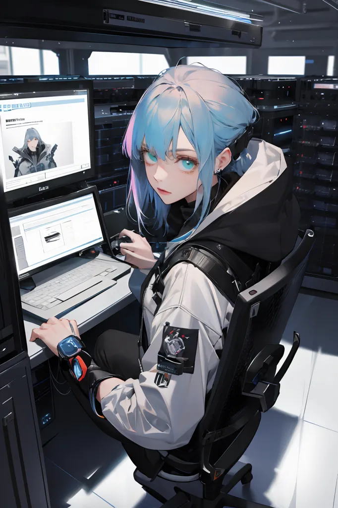 A young woman with blue hair is sitting in a chair in front of a computer. She is wearing a white and black jacket and a black headset. She has a serious expression on her face and is looking at the computer screen. There are two computer screens on the desk. The one on the left shows a picture of a woman in a black suit holding a gun. The screen on the right shows a list of code.