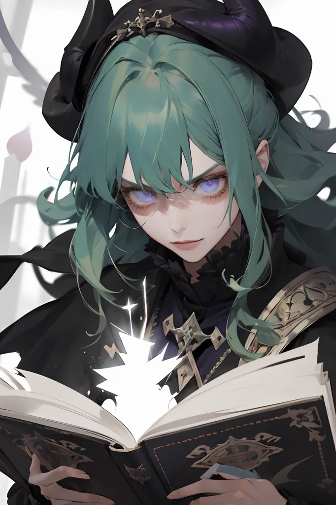 The image is of a young woman with green hair and purple eyes. She is wearing a black dress with a white collar and a black hat with a white cross on it. She is holding a book in her hands and there is a bright light coming from it. The background is white with a few white lines on it.