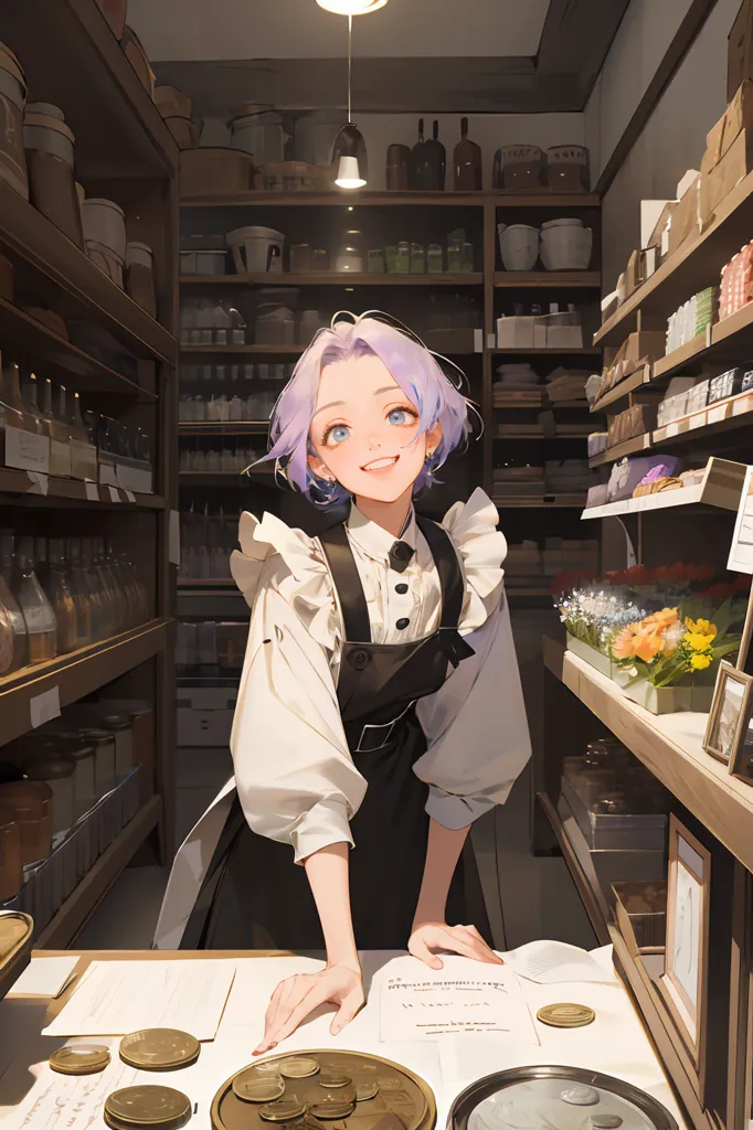 Una chica de anime sonriente con el cabello morado está de pie en una tienda de comestibles. Lleva una blusa blanca, un delantal negro y un lazo morado en el cabello. La tienda está llena de estanterías repletas de diversos artículos, incluyendo alimentos, artículos varios y flores. Hay un mostrador en la parte delantera de la tienda donde se encuentra la chica. Hay algunas monedas y un cuaderno sobre el