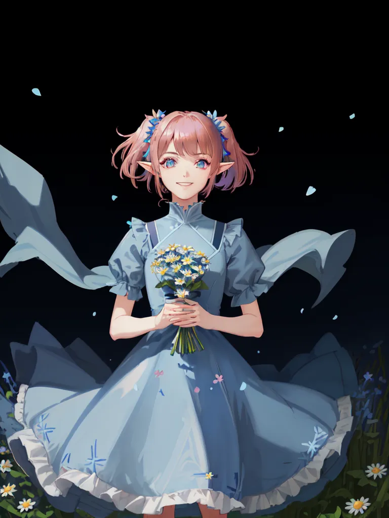 The image is a portrait of a young girl with pink hair and blue eyes. She is wearing a blue dress with a white collar and has a bouquet of flowers in her hands. The background is a dark blue with a few white flowers. The girl is smiling and has a happy expression on her face.