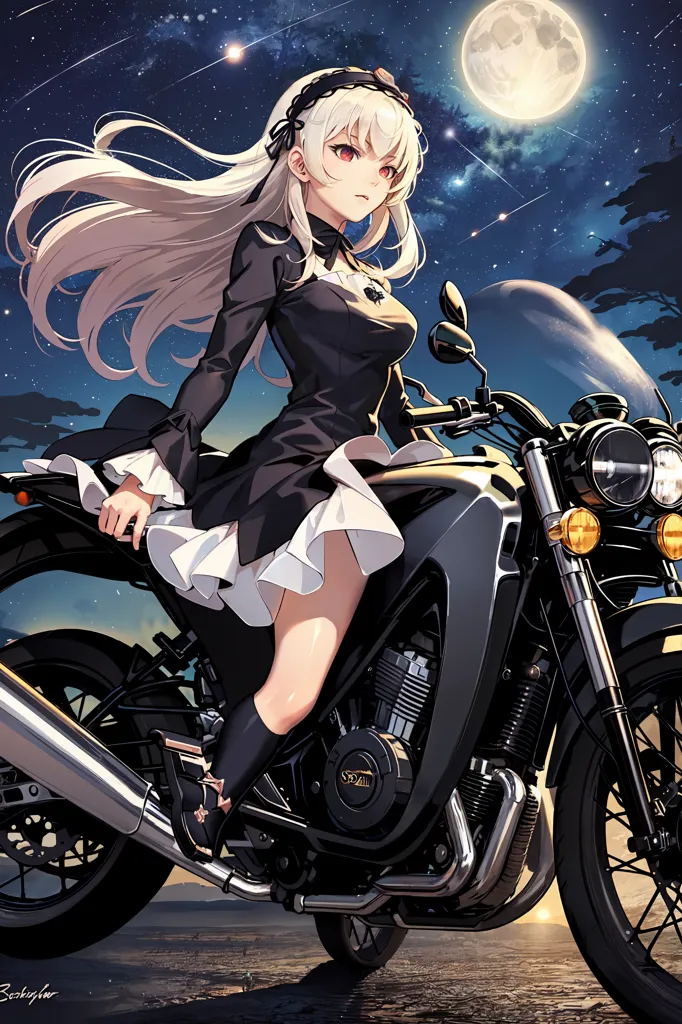 A imagem é de uma mulher jovem com cabelos brancos longos montando uma motocicleta preta. Ela está usando um vestido preto com um colarinho branco e uma saia preta. Ela também está usando um capacete preto com uma viseira branca. A mulher está sentada na motocicleta com a mão direita no guidão e a mão esquerda no assento. Ela está olhando para a câmera com uma expressão séria. A motocicleta está estacionada em uma estrada com uma floresta ao fundo. O céu está escuro e há uma lua cheia.