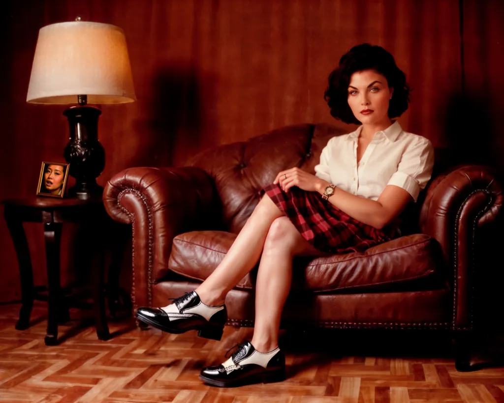 La photo montre une femme assise sur un canapé en cuir marron. Elle porte une blouse blanche, une jupe écossaise rouge et noire, et des chaussures de type \