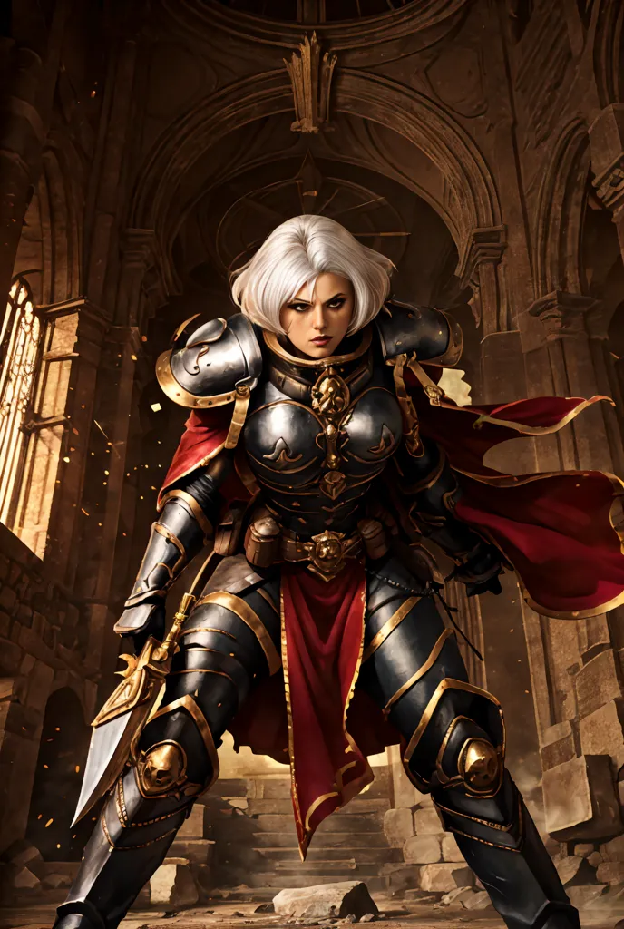 The image shows a woman in a suit of power armor. The armor is black and gold, with red cloth. The woman has white hair and a stern expression on her face. She is standing in a dark room, with a large door behind her. The door is made of wood and has a metal handle. The woman is holding a sword in her right hand. The sword is long and thin, with a silver blade. The woman is also wearing a helmet. The helmet is black and has a visor. The woman is standing in a ready position, as if she is about to attack.