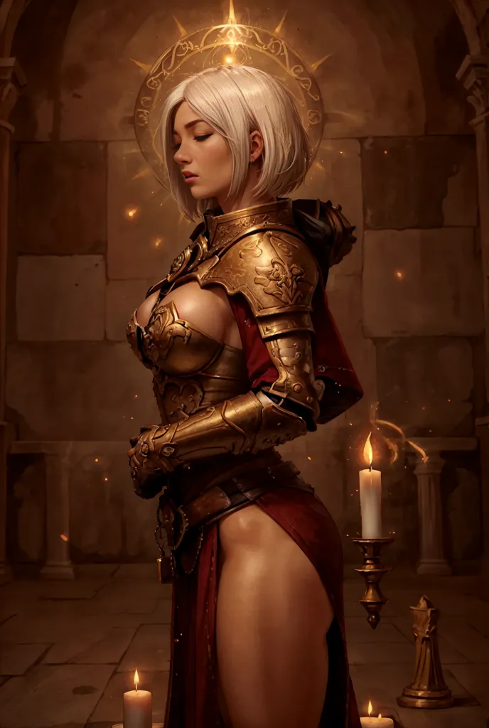 This is an image of a woman wearing golden armor with a red sash. She has short white hair and a halo above her head. She is standing in a stone room with candles on either side of her.