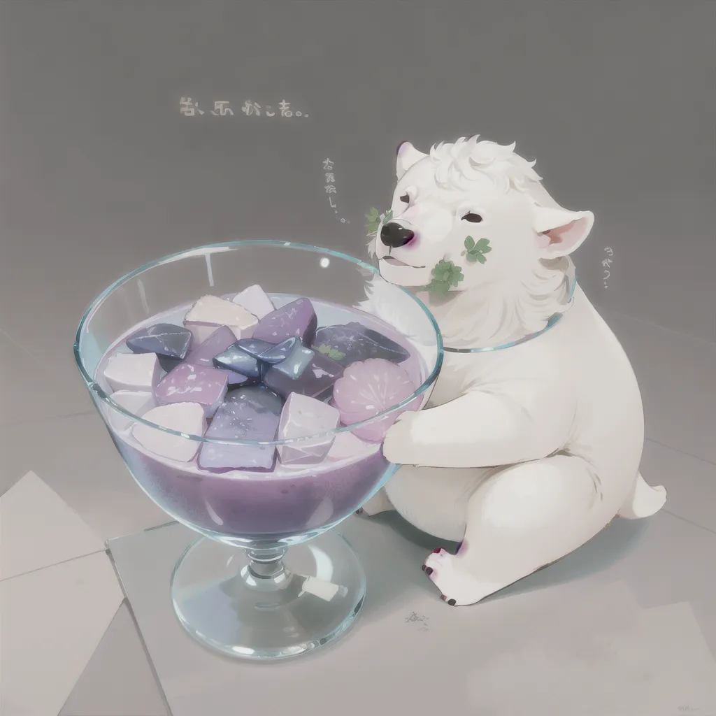 The image is a painting of a polar bear eating dessert. The bear is sitting on the ground with a large glass bowl of purple dessert in front of him. The bear has one paw on the bowl and is eating the dessert with the other paw. The bear has a contented look on its face. The painting is done in a realistic style and the colors are muted and soft. The background is a pale grey.