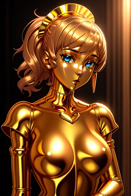 This is an image of a beautiful woman with long blonde hair and blue eyes. She is wearing a golden armor with a heart-shaped cutout on her chest. She has a serious expression on her face and is looking at the viewer. The background is dark with a spotlight shining down on her.