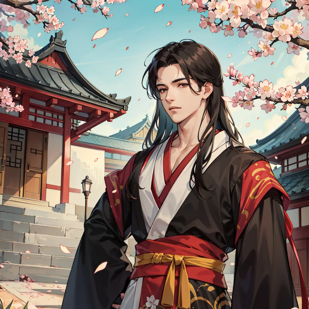 The image shows a young man with long black hair standing in a traditional Chinese courtyard. He is wearing a black and red hanfu with a white sash and has a sword at his waist. The courtyard is decorated with red lanterns and pink cherry blossoms. The man has a calm expression on his face and seems to be enjoying the scenery.