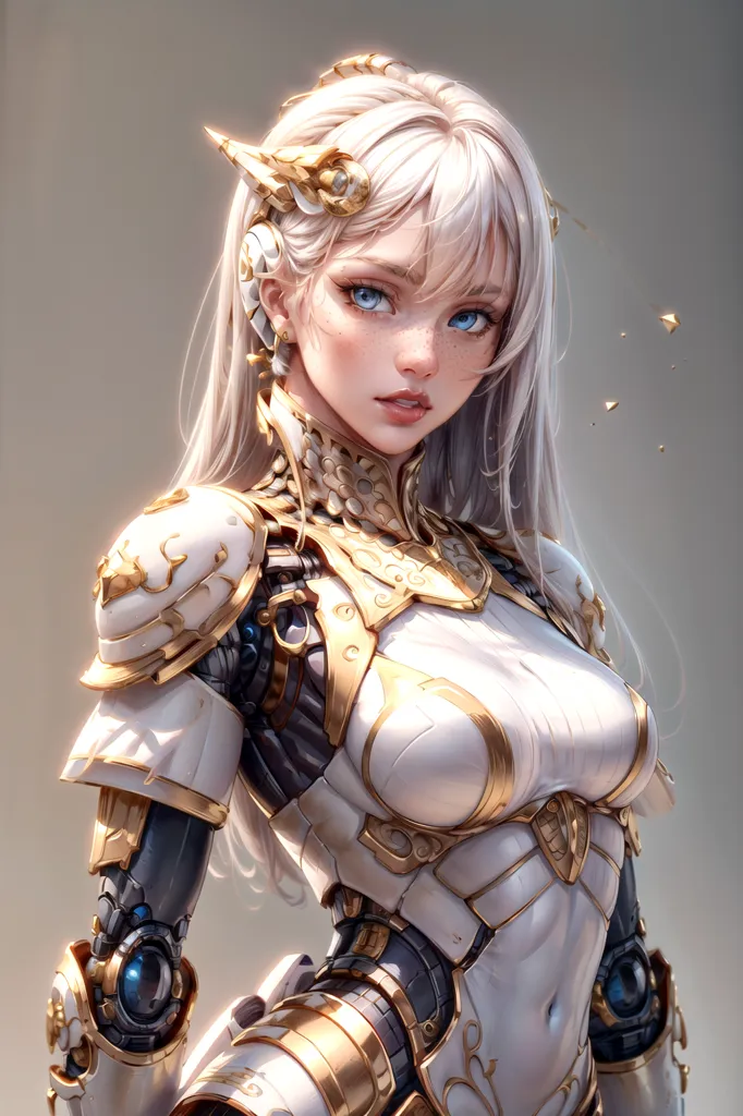 The image is a portrait of a beautiful young woman with long white hair and blue eyes. She is wearing a white and gold armor with intricate details. The armor covers her chest, shoulders, and arms, leaving her midriff exposed. She has a determined expression on her face, and it looks like she is ready for battle. The background is a light gray, and there is a small light source on the right side of the image.