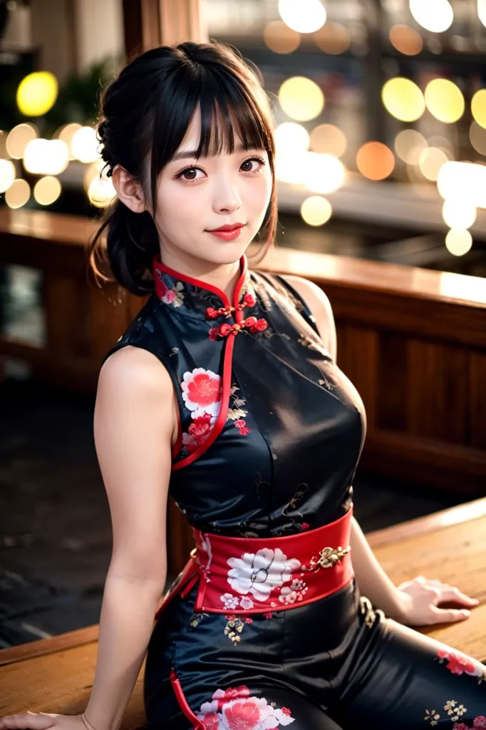 The image shows a young woman of East Asian appearance. She has long black hair with bangs, and is wearing a sleeveless black cheongsam with red and pink floral embroidery. The cheongsam is high-collared and has a sash at the waist. She is sitting on a bench in what appears to be a restaurant, and there are out of focus lights in the background.