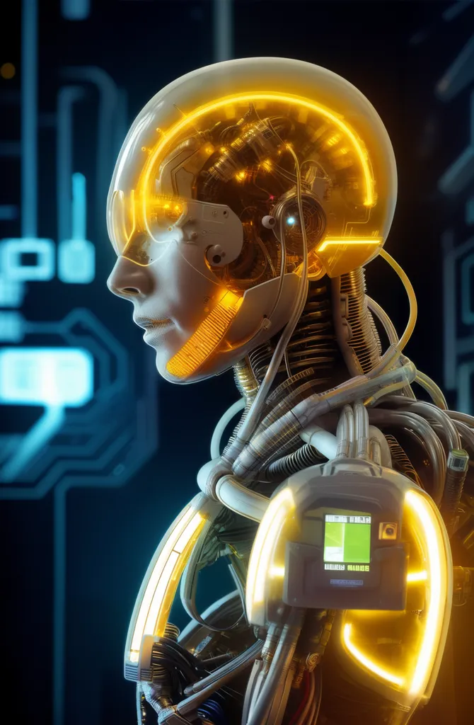 The image is of a female cyborg. She has a human-like face, but her eyes are glowing yellow, and her head is covered in a clear dome. Her body is made up of metal and wires, and she has a glowing yellow spine. She is wearing a white bodysuit. The background of the image is a dark blue, with a circuit board pattern.