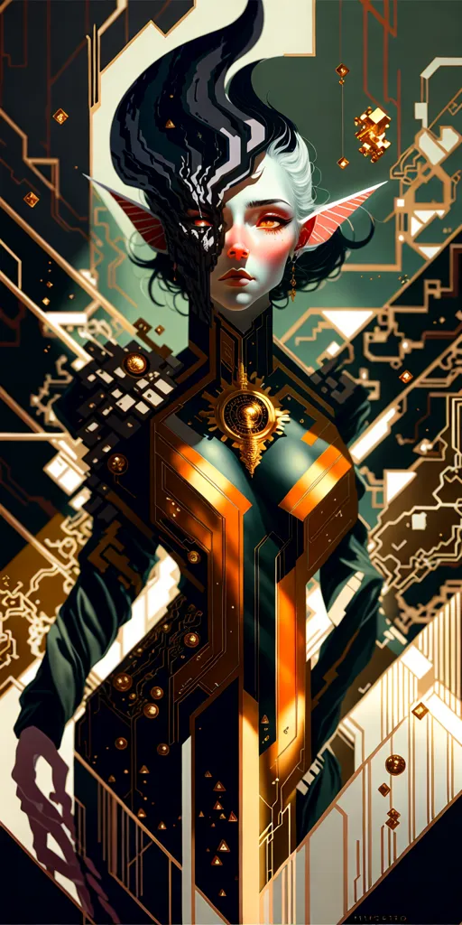 The image is of a beautiful, young woman with long, black hair and pointed ears. She is wearing a black and gold bodysuit that is covered in intricate circuitry. The circuitry is glowing, and it appears to be connected to her nervous system. The woman's eyes are closed, and she has a serene expression on her face. She is standing in front of a dark background that is made up of geometric shapes. The shapes are also glowing, and they appear to be moving. The image is very detailed, and it has a futuristic feel to it.