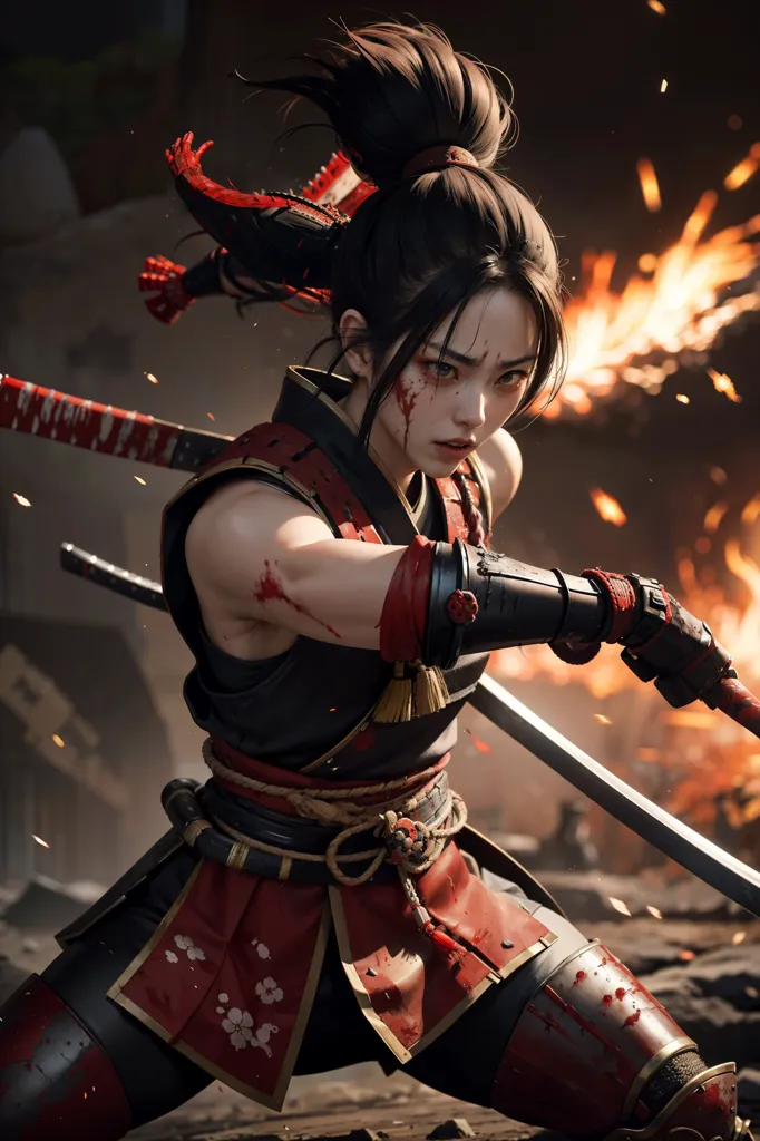 The image is a depiction of a female samurai warrior. She is dressed in traditional samurai armor and is wielding a katana. The samurai is standing in a dynamic pose, ready to strike her opponent. The background is a fiery orange color, which suggests that the samurai is in the midst of a battle. The samurai's expression is one of determination and focus. She is clearly a skilled warrior and is ready to fight to the death.