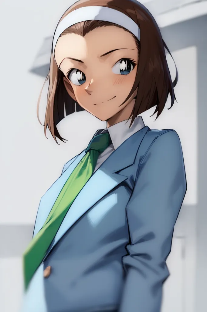 A young woman with brown hair and blue eyes is wearing a white headband, green tie, and blue suit jacket. She has a confident smile on her face.