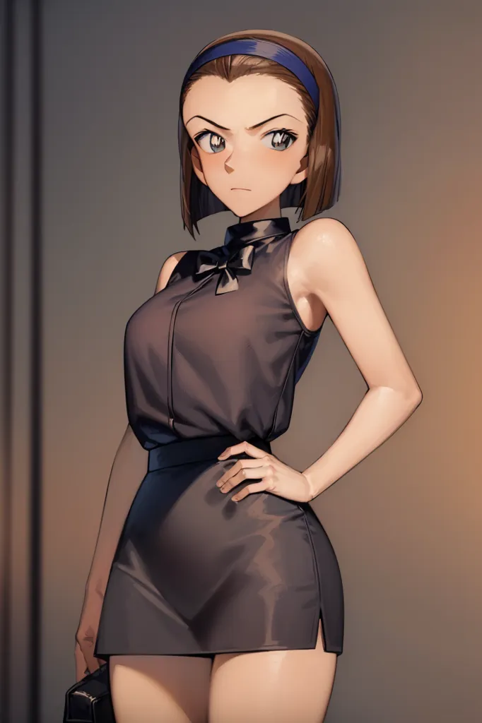 The image shows a young woman with short brown hair and blue eyes. She is wearing a sleeveless black dress with a white collar and a blue bow. She has a black handbag in her right hand and is standing with her left hand on her hip. She has a serious expression on her face.