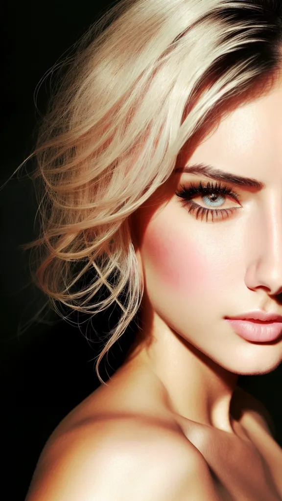 The image is a portrait of a young woman with blonde hair and blue eyes. She is wearing makeup and has her hair styled in a way that is reminiscent of the 1940s. The background is a dark color, which makes the woman's face stand out. The overall effect of the image is one of beauty and glamour.