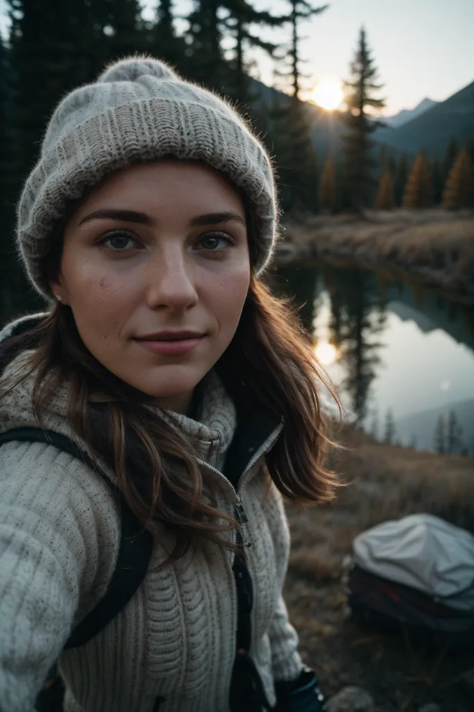 La imagen muestra a una mujer joven con un gorro blanco y un suéter blanco. Ella está de pie frente a un lago con un hermoso paisaje montañoso de fondo. El sol se está poniendo y el cielo se está convirtiendo en un hermoso tono anaranjado. La mujer está sonriendo y mirando a la cámara. Tiene el cabello largo y castaño y ojos color marrón claro. Lleva una mochila y tiene una cámara colgada al cuello.