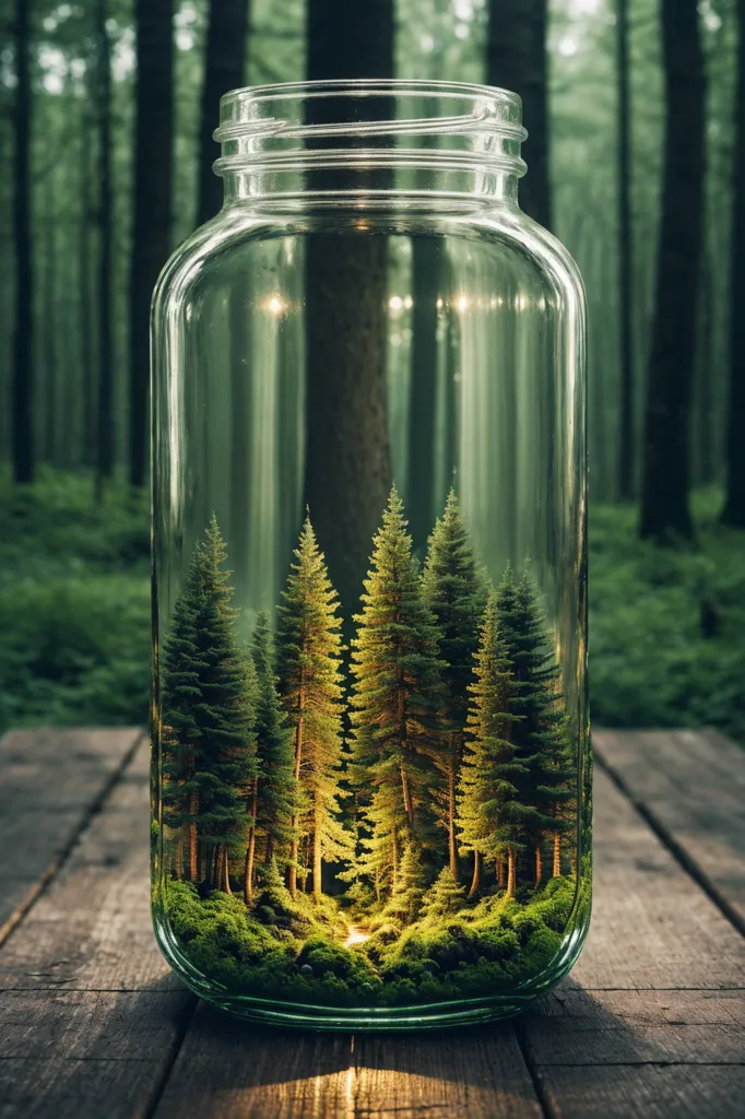 There is a glass jar with a forest inside it. The jar is sitting on a wooden table. The forest is made up of tall pine trees. The trees are green and lush. There is a small amount of moss on the ground. The sun is shining through the trees. There is a glow of light in the center of the jar.