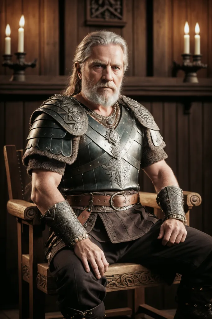 The image shows a man sitting on a wooden chair. He is wearing a silver and brown armor with fur on his shoulders. He has a beard and long white hair. There are two candles on the wall behind him.