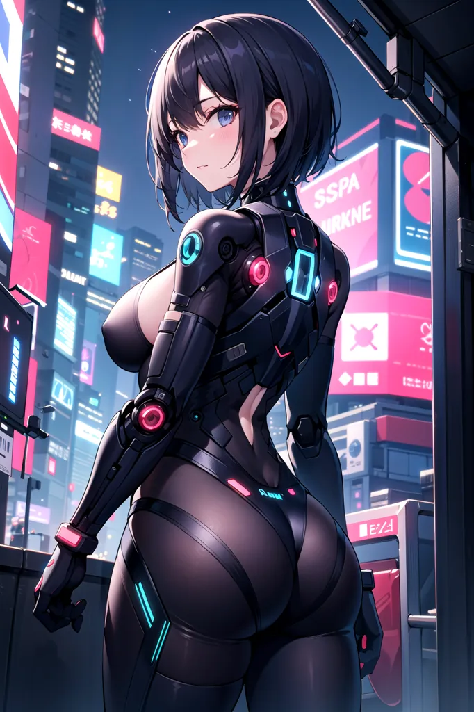 The picture shows a female character with short black hair and blue eyes. She is wearing a black and blue bodysuit with a lot of technological details. She is standing in a futuristic city with skyscrapers and neon lights in the background.