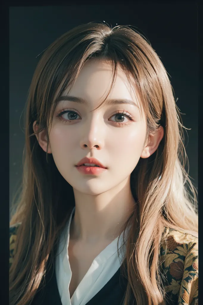 The image shows a young woman with long, wavy brown hair. Her skin is fair and flawless, and her eyes are a light brown color. Her lips are slightly parted, and she has a gentle smile on her face. She is wearing a white blouse with a brown floral jacket. The background is a dark color, which makes the woman's face stand out. The image is cropped at the woman's shoulders, and her body is not visible.