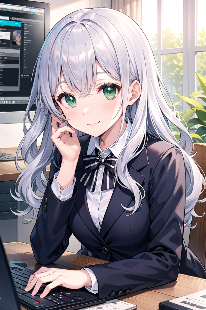 The image shows an anime-style girl with long silver hair and green eyes. She is wearing a white blouse, a black suit jacket, and a black bow tie. She is sitting at a desk, with a computer monitor, keyboard, and mouse on the desk. She has a gentle smile on her face and is looking at the viewer.