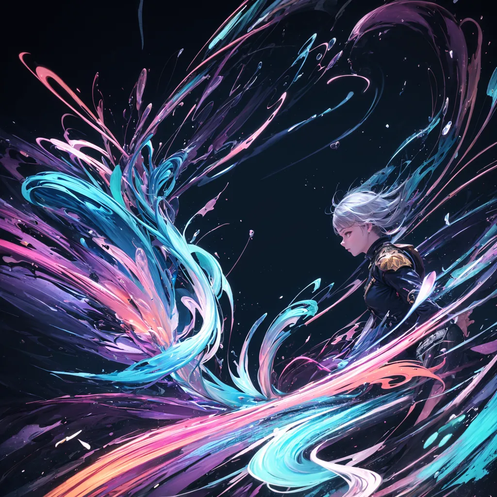 The image is of an anime-style girl with white hair and purple eyes. She is wearing a black and purple outfit with gold trim. She is standing in a dark void with her arms outstretched, and she is surrounded by colorful splashes of paint. The paint is mostly blue, pink, and purple, and it is swirling around her in a vortex. The girl's expression is one of determination and focus.