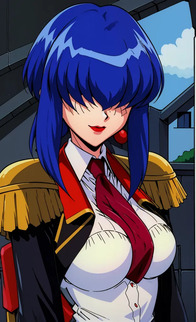 The image is of a woman with blue hair and red eyes. She is wearing a white shirt, red tie, and black jacket with gold epaulettes. She has a confident smile on her face. The background is of a blue sky with white clouds.