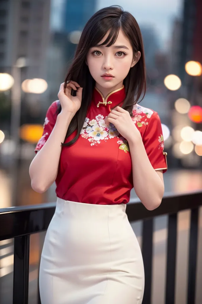 A imagem mostra uma jovem mulher vestindo um cheongsam vermelho com um colarinho branco e detalhes brancos nas mangas. O cheongsam tem um padrão floral. A mulher tem cabelos escuros longos e franja. Ela está usando uma maquiagem leve e tem um pequeno sorriso no rosto. Ela está em pé em frente a um fundo desfocado de luzes da cidade.