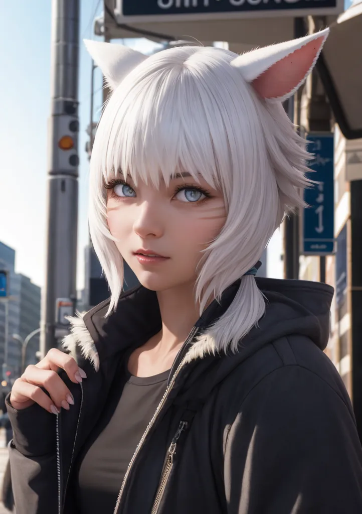 The image shows a young woman with white hair and blue eyes. She is wearing a black jacket with a white shirt underneath. She has cat ears and a tail. She is standing in a city street with a blurred background.