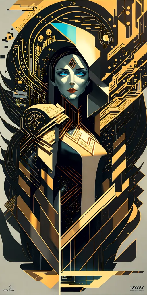 The image is a portrait of a woman with long black hair and blue eyes. She is wearing a black dress with a gold necklace and has a gold headpiece. The background is white with gold geometric shapes. The woman's face is serene, and she is looking at the viewer with her right eye. The image is in an Art Deco style and is reminiscent of the work of Tamara de Lempicka.