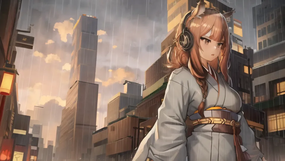 The image is a painting of a young woman standing in a rainy city street. She is wearing a kimono and has cat ears and a tail. She is looking down at something with a sad expression on her face. The city is in the background and is made up of tall buildings and skyscrapers. The sky is dark and cloudy and it is raining heavily.