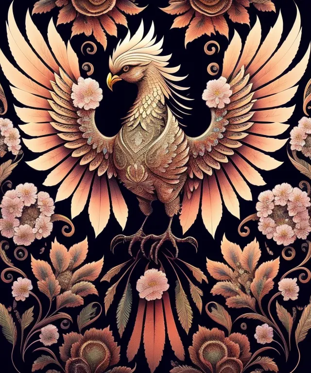 The image contains a phoenix with outspread wings. The feathers of the wings, as well as the body, head, and tail of the phoenix, are covered in intricate patterns and designs. The background is filled with flowers and leaves of various sizes. The color scheme of the image is pink, orange, and brown. The image has a very detailed and ornate appearance.