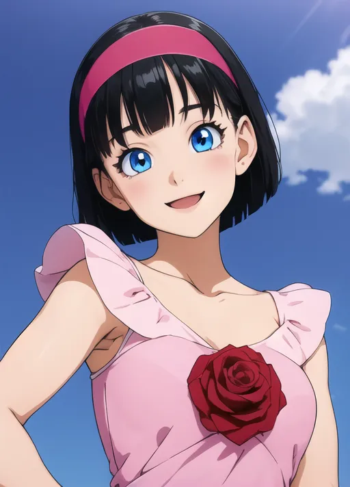 This is an image of a young woman with short black hair and blue eyes. She is wearing a pink headband and a pink dress with a red rose on the front. She has a happy expression on her face and is looking at the viewer. The background is a blue sky with white clouds.