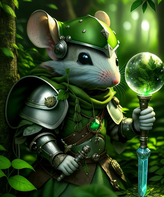 L'image montre une souris vêtue d'une armure verte et brune. La souris tient un bâton surmonté d'une boule verte. La souris se tient dans une forêt, entourée de feuilles vertes.