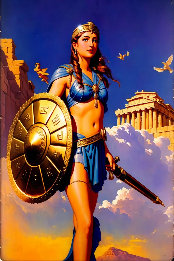 The image shows a woman standing in front of a Greek temple. She is wearing a blue and gold outfit and a golden helmet. She is holding a shield and a sword. The woman is standing on a cloud and there are birds flying around her. The background is a blue sky with white clouds.