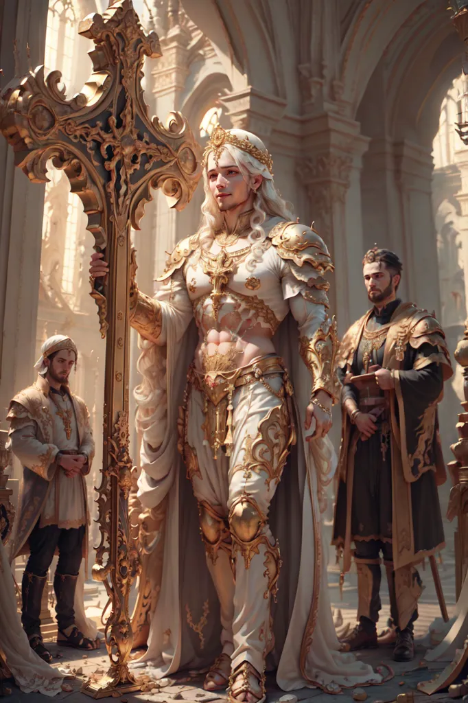 This is an image of a person in a white and gold outfit, holding a golden cross in an ornate white and gold room. They are wearing a white cape with gold trim, and their outfit has gold accents. They have long white hair and are barefoot. There are two other people in the image, both men. One is standing to the left of the person in white, wearing a white robe with a brown cape. He has a white turban on his head and is looking at the person in white. The other man is standing to the right of the person in white, wearing a brown robe with a white cape. He has a brown turban on his head and is also looking at the person in white.