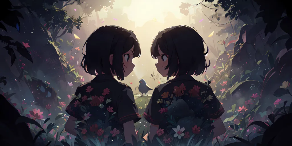 This image is of two girls standing in a forest clearing. The girls are both wearing black shirts and have short brown hair. They are looking at each other with serious expressions on their faces. In the background, a small bird is perched on a branch. The forest is full of flowers and plants. The overall atmosphere of the image is one of peace and tranquility.