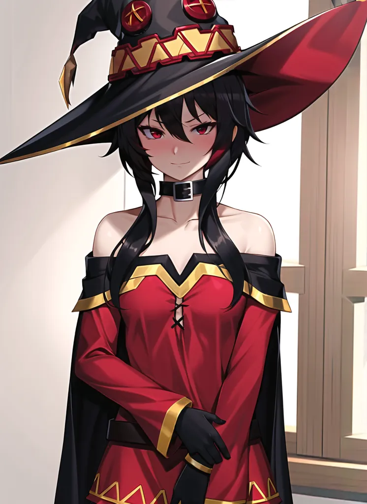 The image is of a young woman with long black hair and red eyes. She is wearing a red and black dress with a white collar. She is also wearing a black hat with a red band around it. The woman is standing in front of a white background, and she has a sly expression on her face.